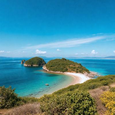 The primary subject of the image is a beautiful beach with a sandy shore and a small island in the background. The setting is a clear blue ocean, and the visual style is a photo. The colors and mood of the image are vibrant and serene, with the blue ocean and the greenery of the island creating a peaceful and inviting atmosphere.
